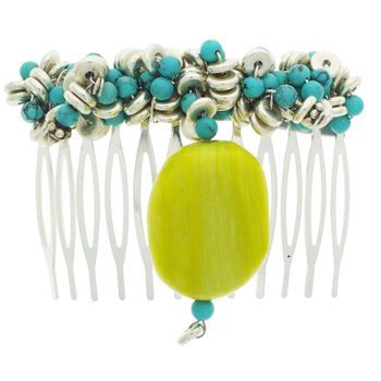 Donna Collins - Silver Metal Comb w/Authentic Turquoise, African Beads & Hanging Serpentine Pendent (1)