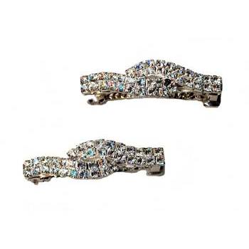 Rhinestone Bow Barrettes - 2 White Diamond Hued