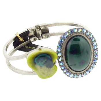Gerard Yosca - Green Oval Vintage Stone on Silver Hued Hinged Cuff (1)
