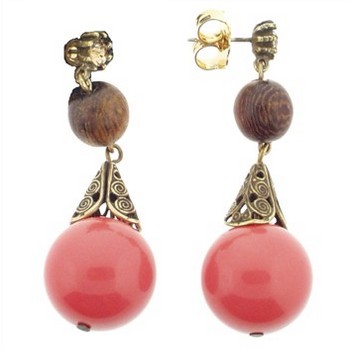 Gerard Yosca - Coral Bead Drop w/Wood Bead (2 Earrings Per Set)