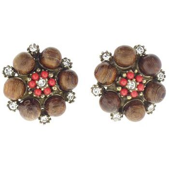 Gerard Yosca - Wood Beads & Coral Swarovski Crystal Clip On Earrings (2 Earrings Per Set)