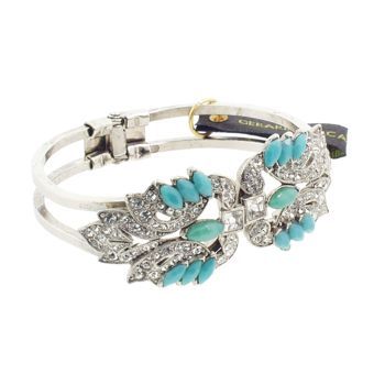 Gerard Yosca - Crystal & Green Stone Deco on Silver Hued Hinged Cuff (1)