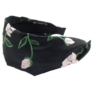 Head Dress - Embroidered Floral Headband - Black