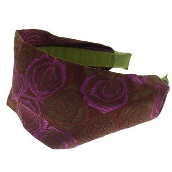 Head Dress - Brocade Scarf Headband - Roses - Chocolate w/Lime & Purple  (1)