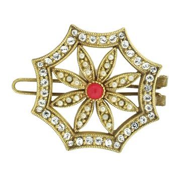 Linda Levinson - Brooch Hairclip - Gold w/ Coral Center - Swarovski Pearls & Crystals (1)