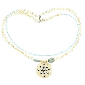 Pink Lily - Necklace - Two Strand - Champagne & Turquoise Beads w/Speckled Blue Turquoise Bead & Stone Disk Centerpiece (1)