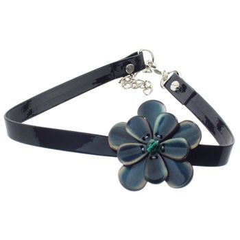 Karen Marie - Black Patent Leather Choker Necklace w/Pansy - Peacock (1)