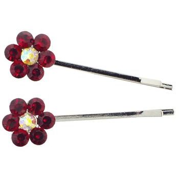 Karen Marie - Crystal Flower Bobby Pins - Red - Silver (Set of 2)