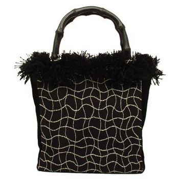 Bongo Bags - Black w/ White Lines Upholstery Fabric Bag w/ Bamboo Handle