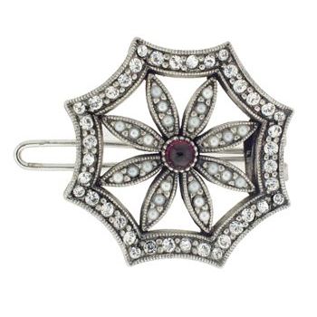 Linda Levinson - Brooch Hairclip - Silver w/Garnet Center - White Diamond Swarovski Crystals (1)