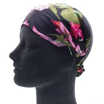 Frank & Kahn - Silk Do-Rag Headband - Black w/Flowers - 6 1/2inch Wide