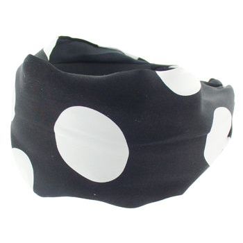 Frank & Kahn - Silk Scarf Headband - Black w/Large Silvery White Polka Dots - 2 7/8inch