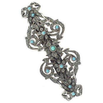 Linda Levinson - Deco Floral Barrette - Dark Silver - w/Swarovski Crystals & Turquoise Stones