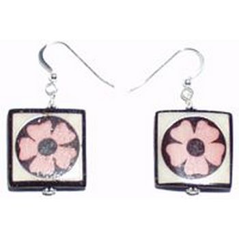 Michele Busch - Earrings - Pink & Brown Flower Handcrafted On Bone