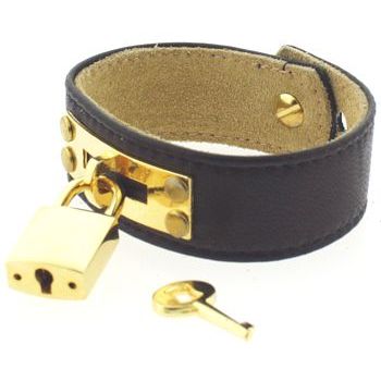 Sparkling Sage - Leather Cuff Bracelet - Black with Gold Padlock/Key